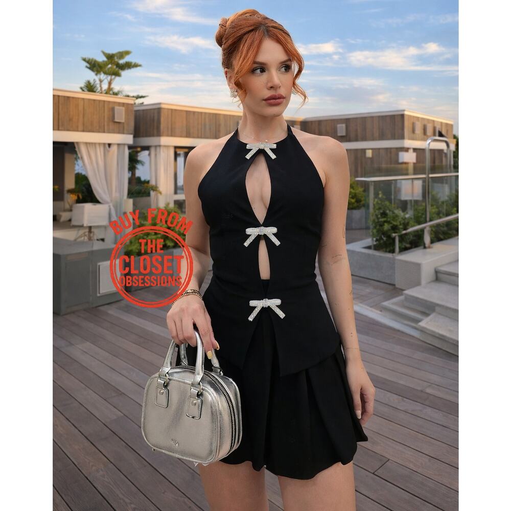 ZARA Bow Front Halter Vest Top Black Office Siren Quiet Luxury NWT